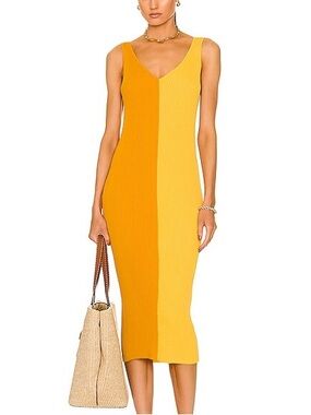 STAUD Ribbed Knit Dana Dress in Honey Goldie Two-Tone Yellow V-Neck Small